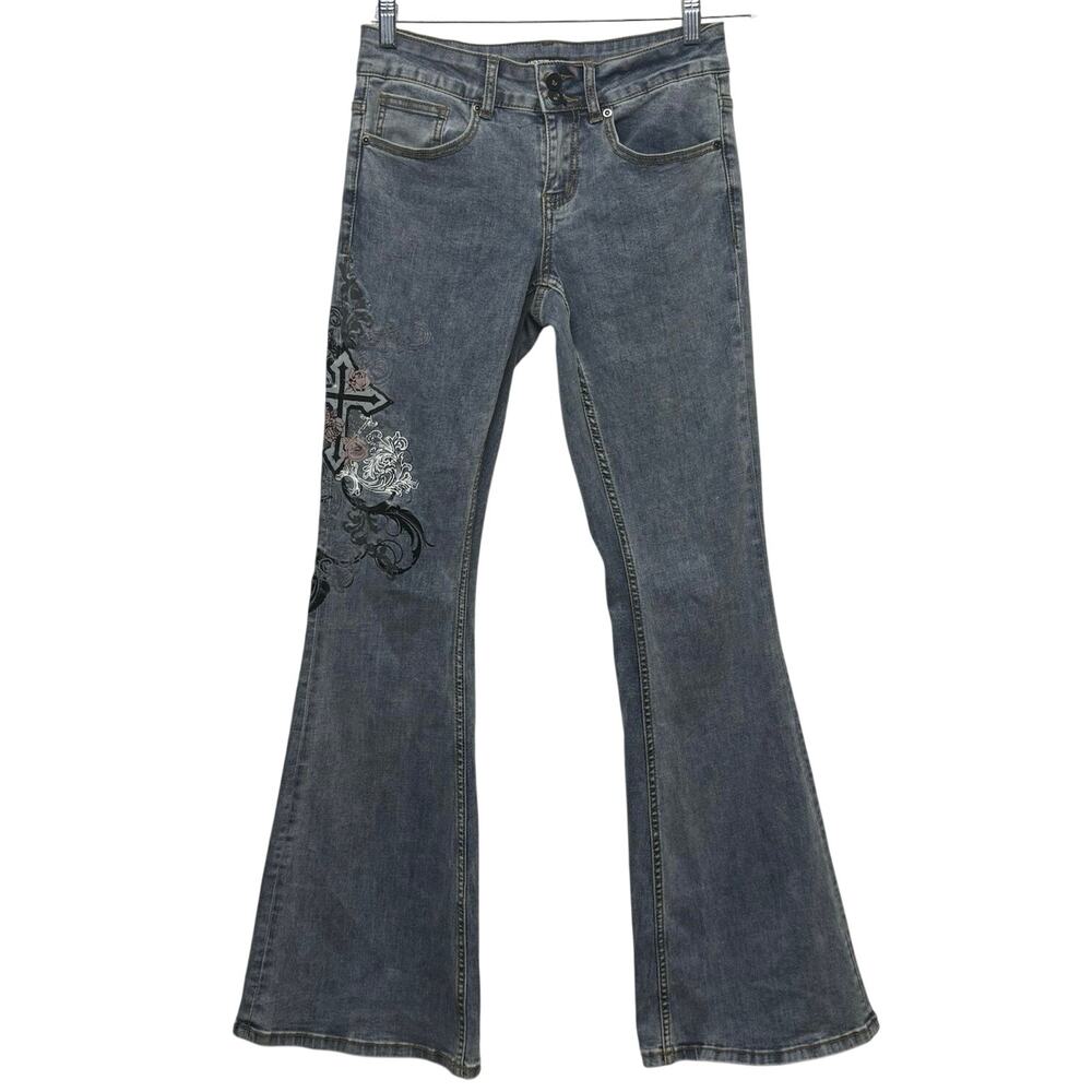 Hot Topic Painted Jeans Gothic Rose Cross Low-Rise Flare Y2K Denim Size 7-28x34